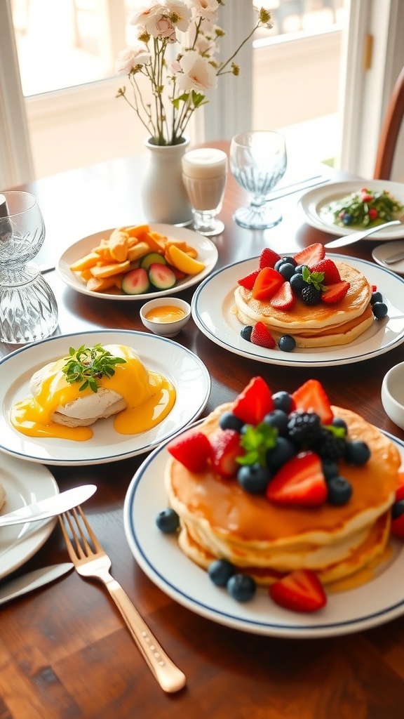 Brunch Menu Ideas for a Perfect Gathering A brunch spread with eggs benedict, pancakes with berries, and fruit salad on a stylish table.